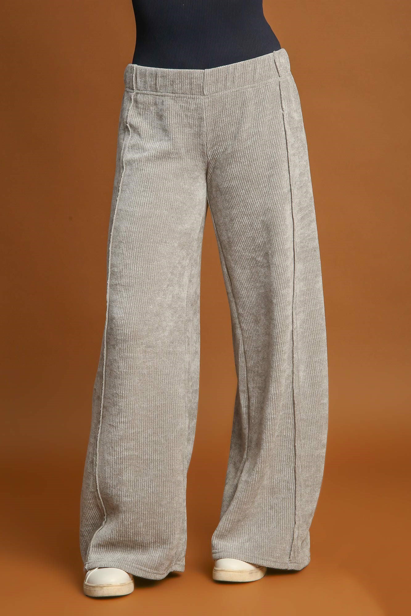 Umgee Light Gray Ribbed Elastic Waist Wide Leg Pants Light Gray Pants