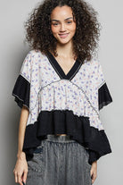 POL Black Floral Print V-Neck Woven Blouse with Gentle Gathers BLACK