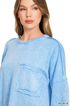 Zenana Sky Blue Halo Washed French Terry Exposed-seam Sweatshirt