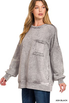 Zenana Halo Washed French Terry Exposed-seam Sweatshirt ASH BLACK
