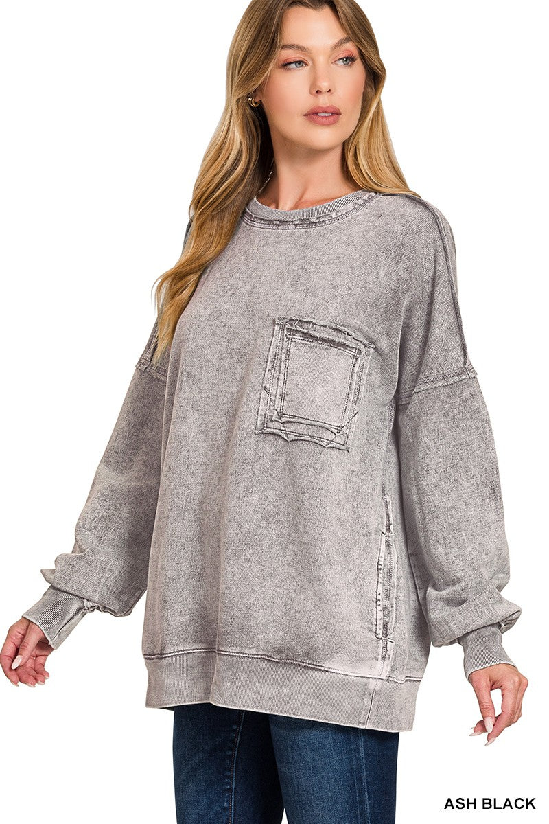 Zenana Halo Washed French Terry Exposed-seam Sweatshirt ASH BLACK