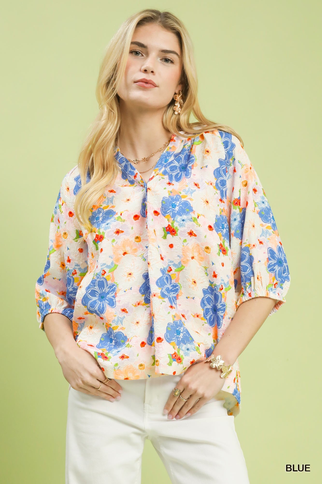 Umgee Blue Mixed Floral Print Buttoned Blouse BLUE