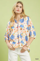 Umgee Blue Mixed Floral Print Buttoned Blouse BLUE