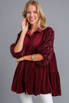 Umgee Velvet Tiered Back Sequin Detail Sleeve Blouse in Wine Wine Shirts & Tops