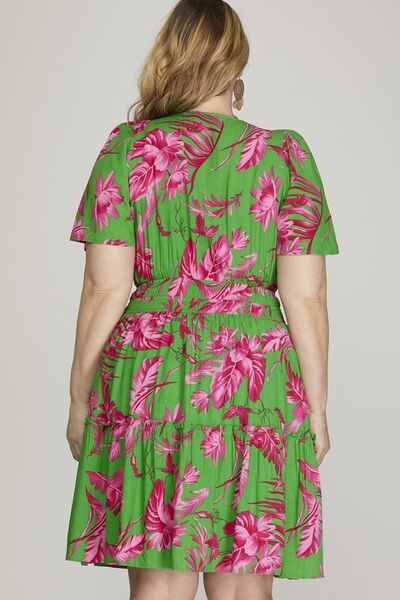 She + Sky Green Printed Notched Short Sleeve Frill Tiered Dress