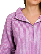 Zenana Ribbed Two-Tone Half Zip Sweater — Violet/Lavender
