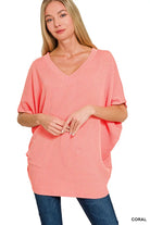 Zenana Coral Raised Rib V-Neck Batwing Top CORAL