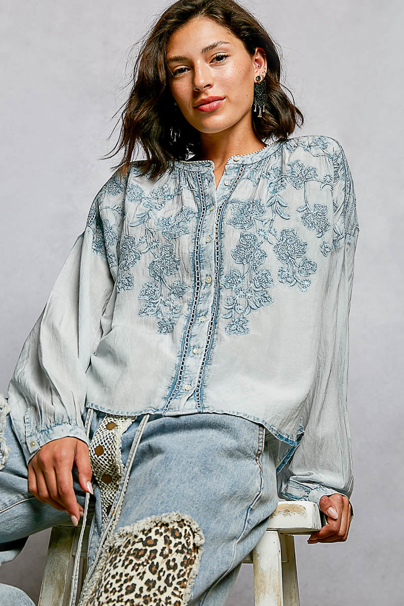 POL Denim Blue Floral Embroidered Button Down Long Sleeve Shirt