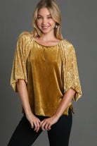 Umgee Mustard Round Neck Leopard Balloon Sleeve Velvet Blouse Mustard Shirts & Tops