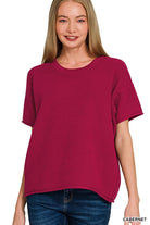 Zenana Cabernet Viscose Round-neck Short Sleeve Sweater CABERNET