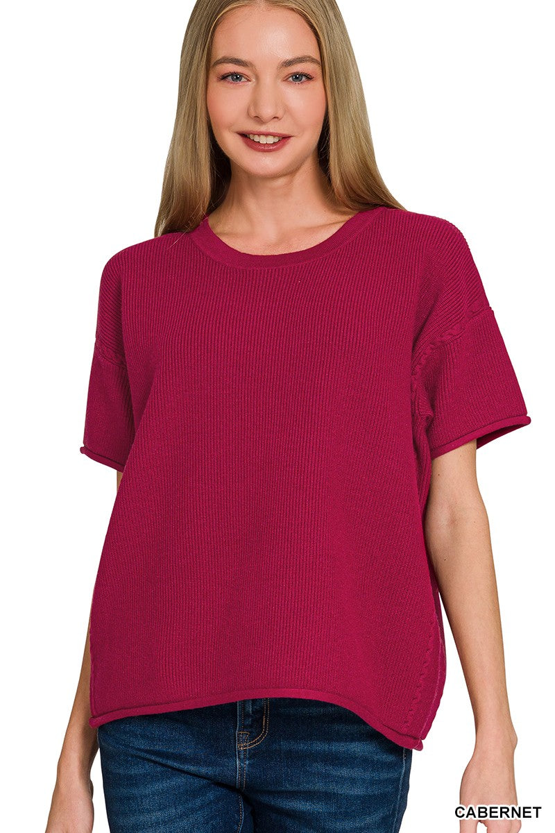 Zenana Cabernet Viscose Round-neck Short Sleeve Sweater CABERNET