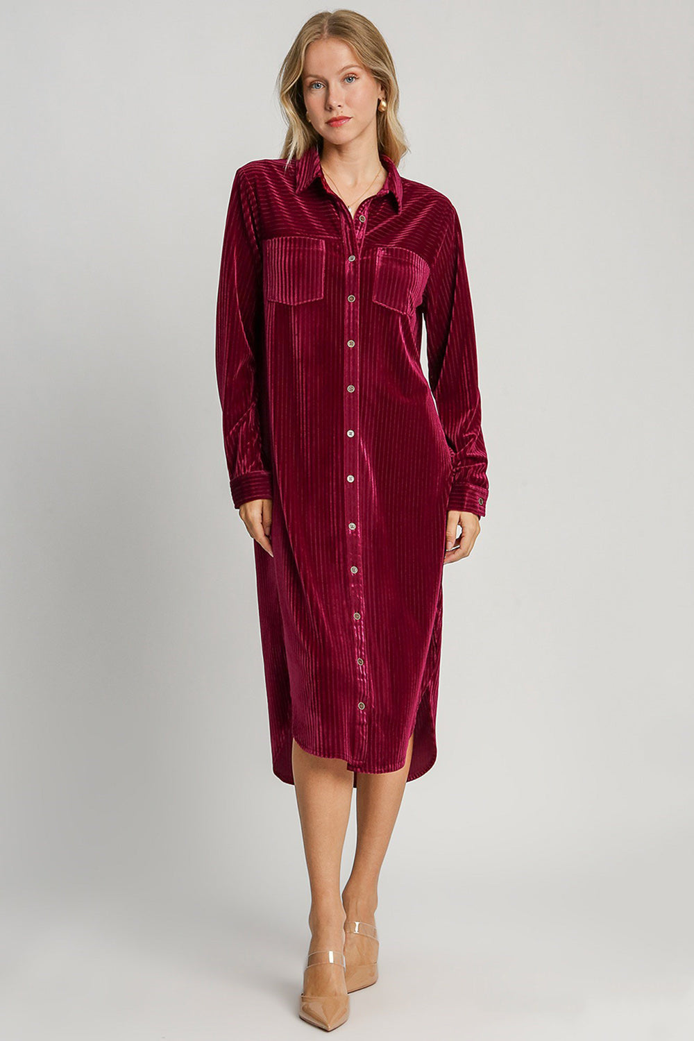 Umgee Burgundy Textured Curved Hem Button Down Shirt Dress Burgundy Dresses