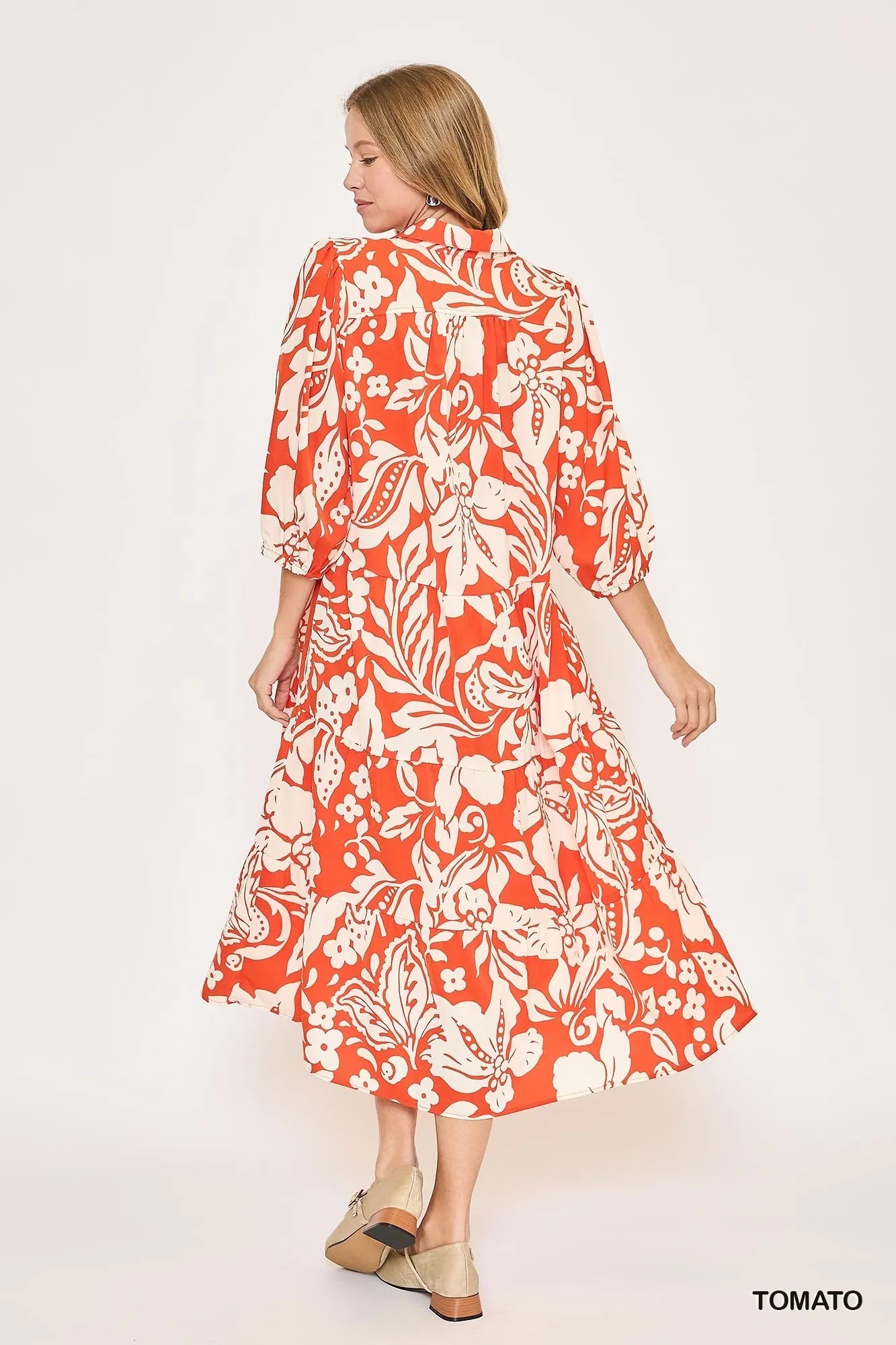 Umgee Tomato Floral Print Tiered Midi Dress