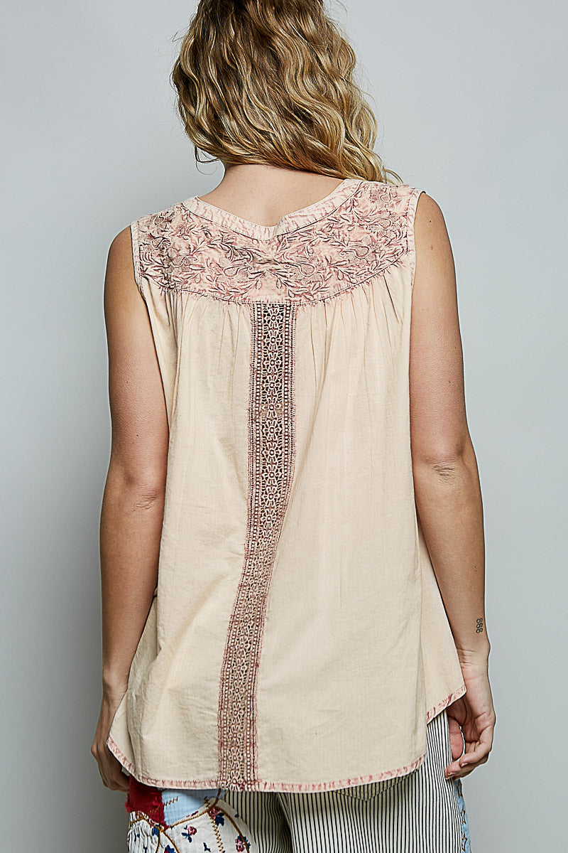 POL Blush Button Down Round Neck Tank with Crochet Contrast