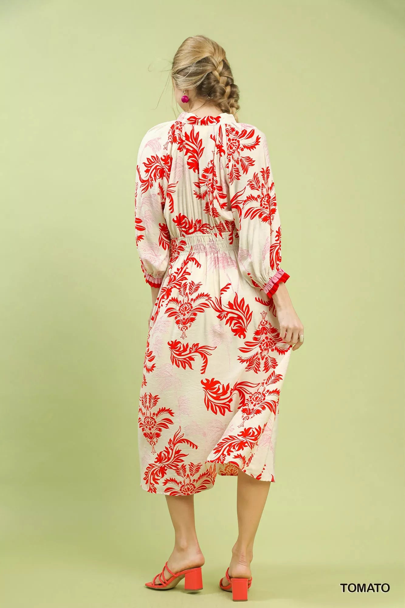 Umgee Tomato Tropical Print Button Detail Midi Dress