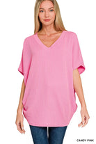 Zenana Candy Pink Raised Rib V-Neck Batwing Top