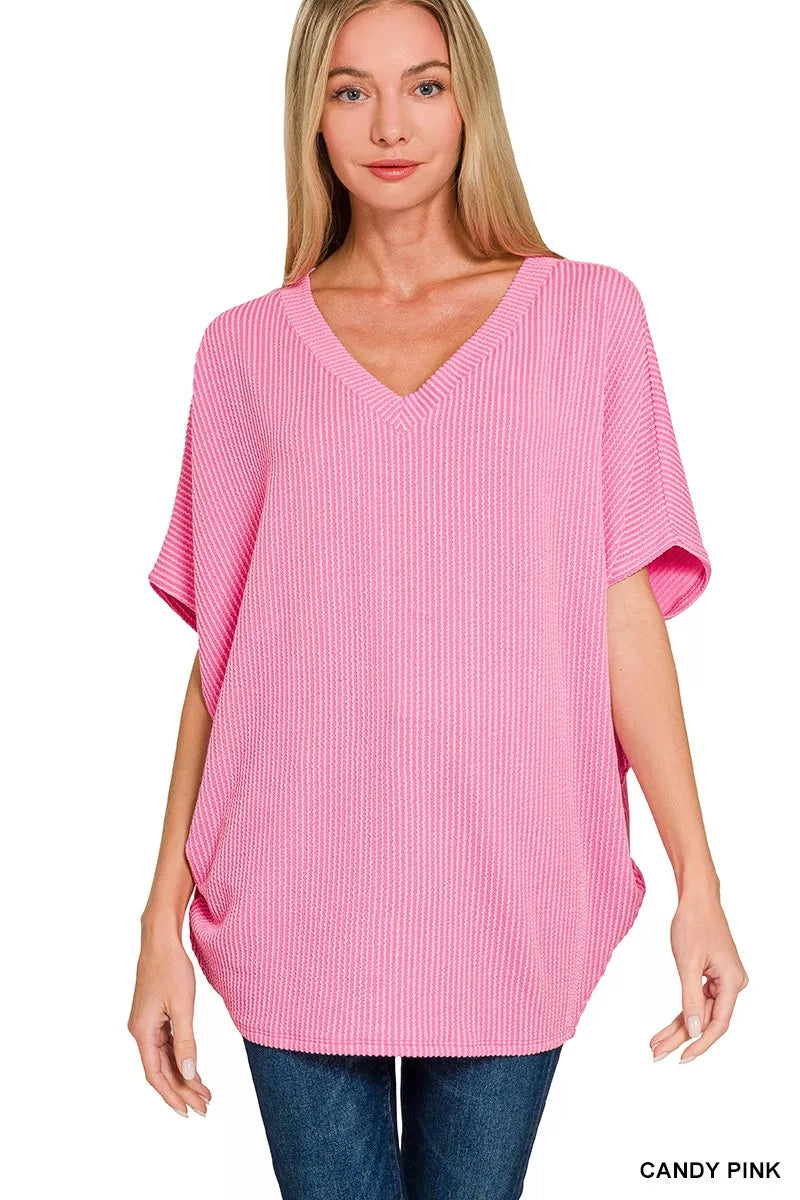 Zenana Candy Pink Raised Rib V-Neck Batwing Top
