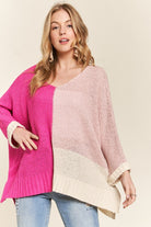 ADORA Hot Pink Side Slit Color Block Long Sleeve Sweater