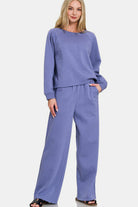 Zenana Marlin Fleece Round Neck Raglan Sleeve Top and Elastic Waist Pants Set Dusty Blue Loungewear Set