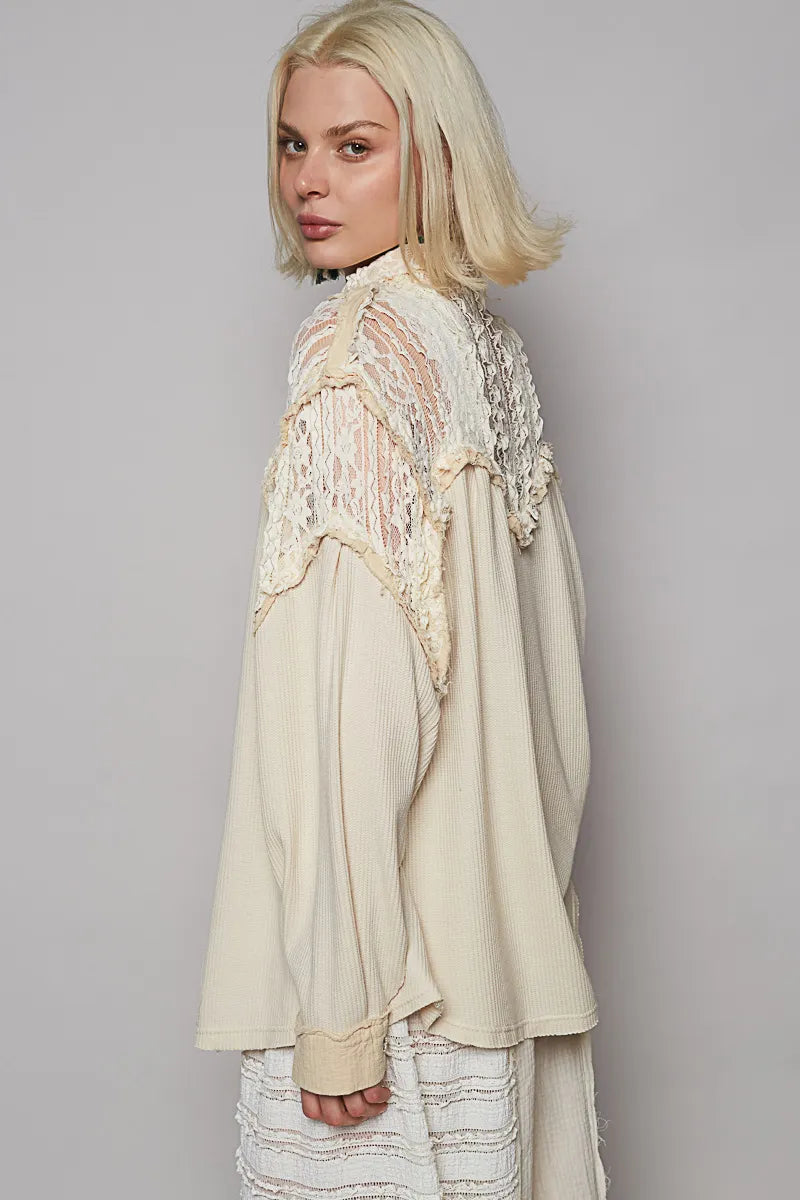 POL Cream Lace Patchwork Button Up Shacket