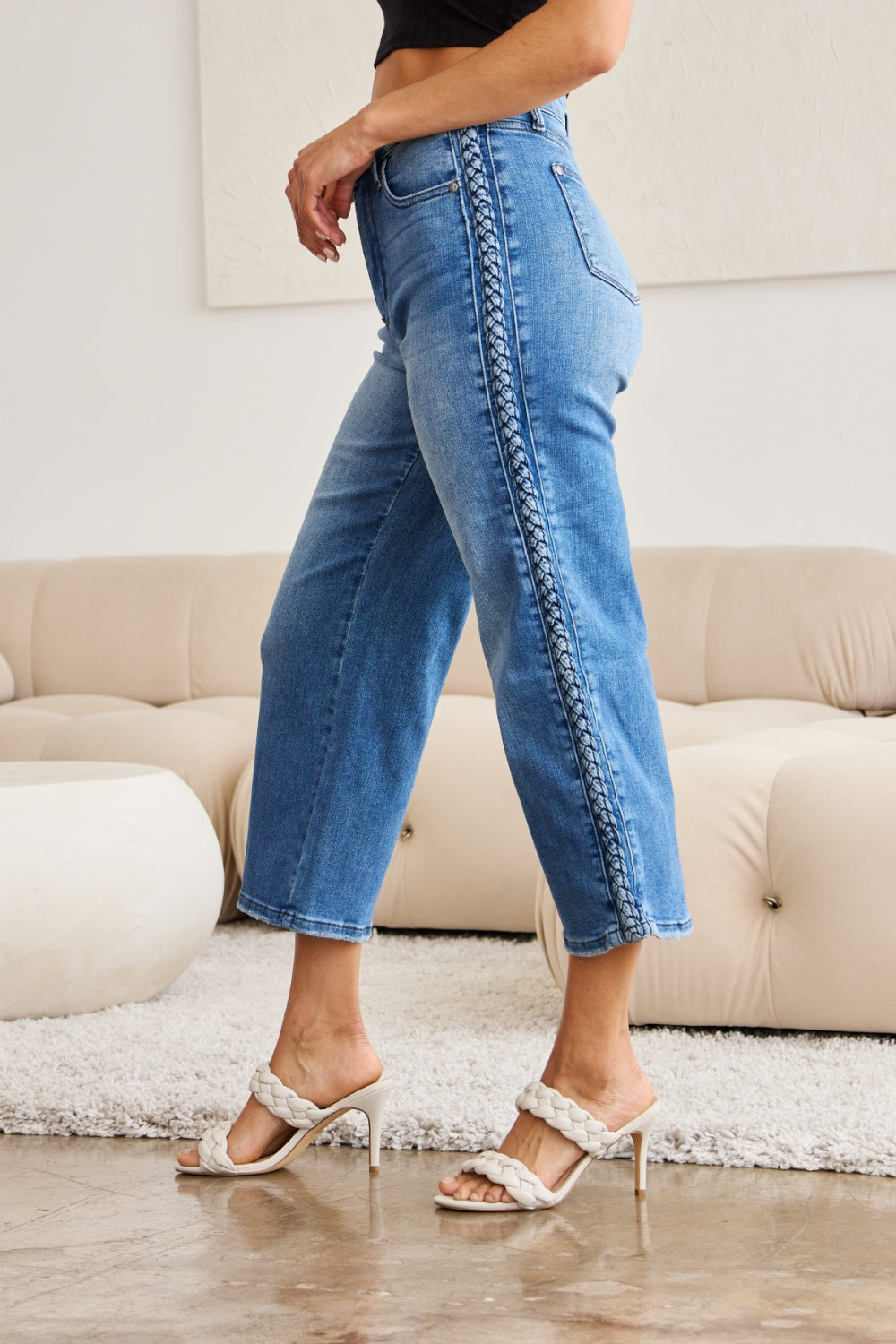 Judy Blue Braided Side Detail Wide Leg Jeans Trendsi