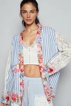 POL Blue Multi Lace Long Sleeve Striped Cardigan with Contrast Floral Detail