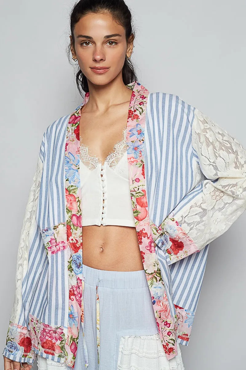 POL Blue Multi Lace Long Sleeve Striped Cardigan with Contrast Floral Detail