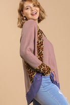 Umgee Dusty Pink Leopard High-Low Dolman Sleeve Waffle Knit Top