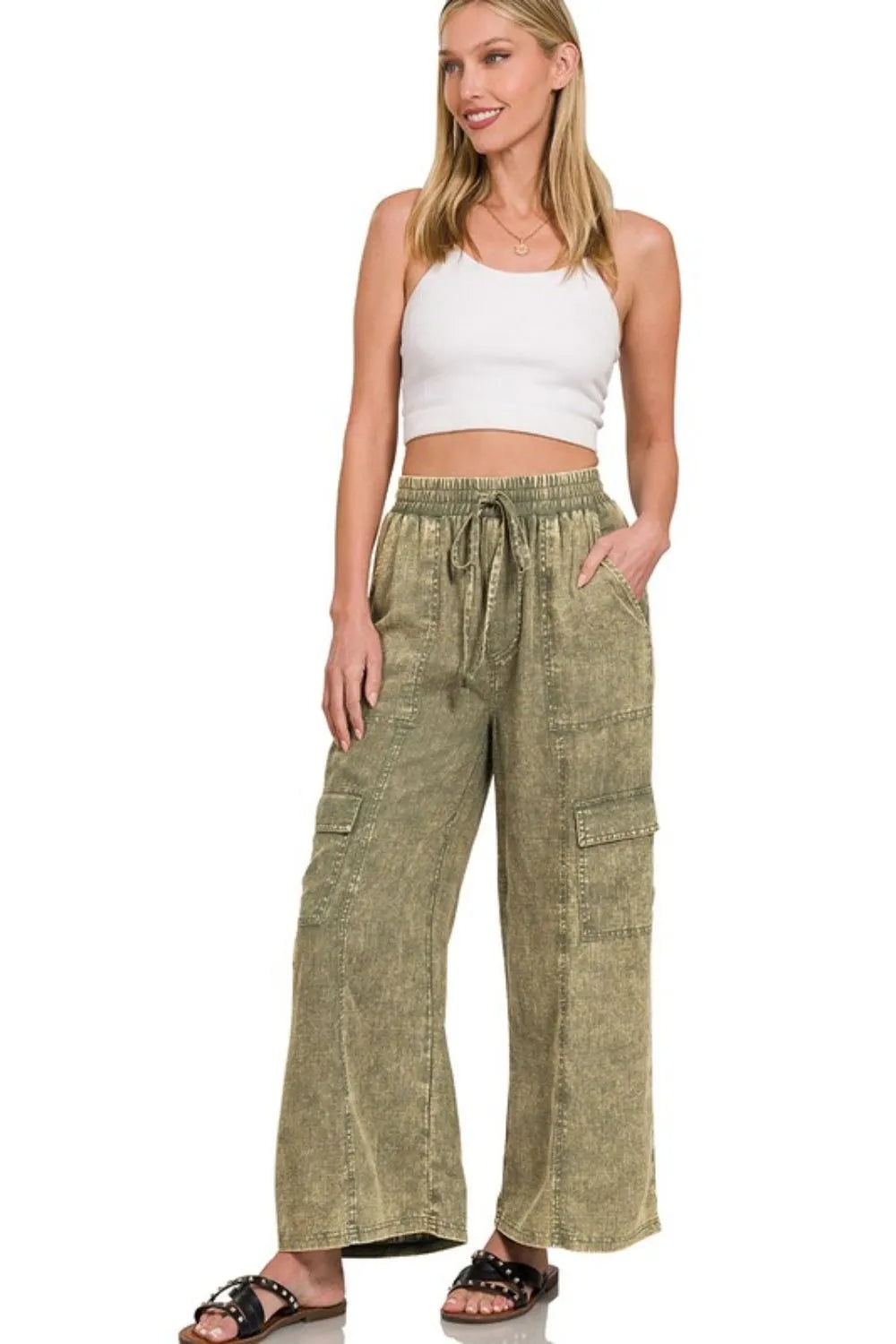 Zenana Light Olive Washed Linen Elastic Band Waist Cargo Pants