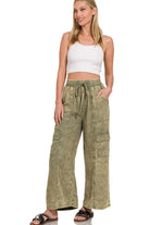 Zenana Light Olive Washed Linen Elastic Band Waist Cargo Pants