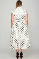 She + Sky Off White Front Zip Polka Dots Cap Sleeve Midi Dress