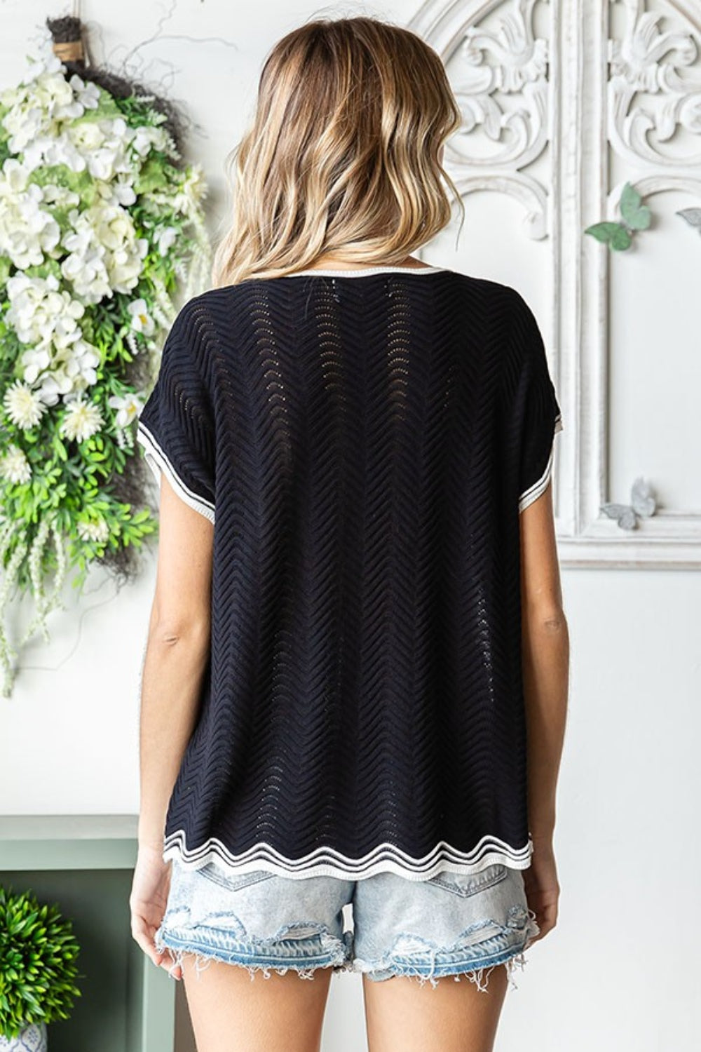 First Love Black Contrast Wavy Crochet Drop Shoulder Knit Top Trendsi