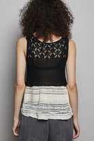 POL Black V-Neck Crochet Sweater Vest with Lace Trim