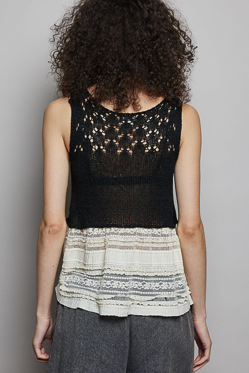 POL Black V-Neck Crochet Sweater Vest with Lace Trim
