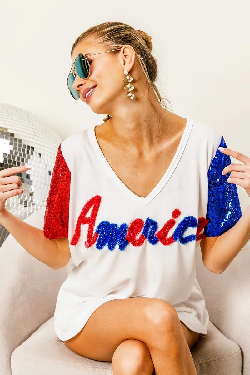BiBi Metallic Letter America V-neck Sequin Sleeves Top