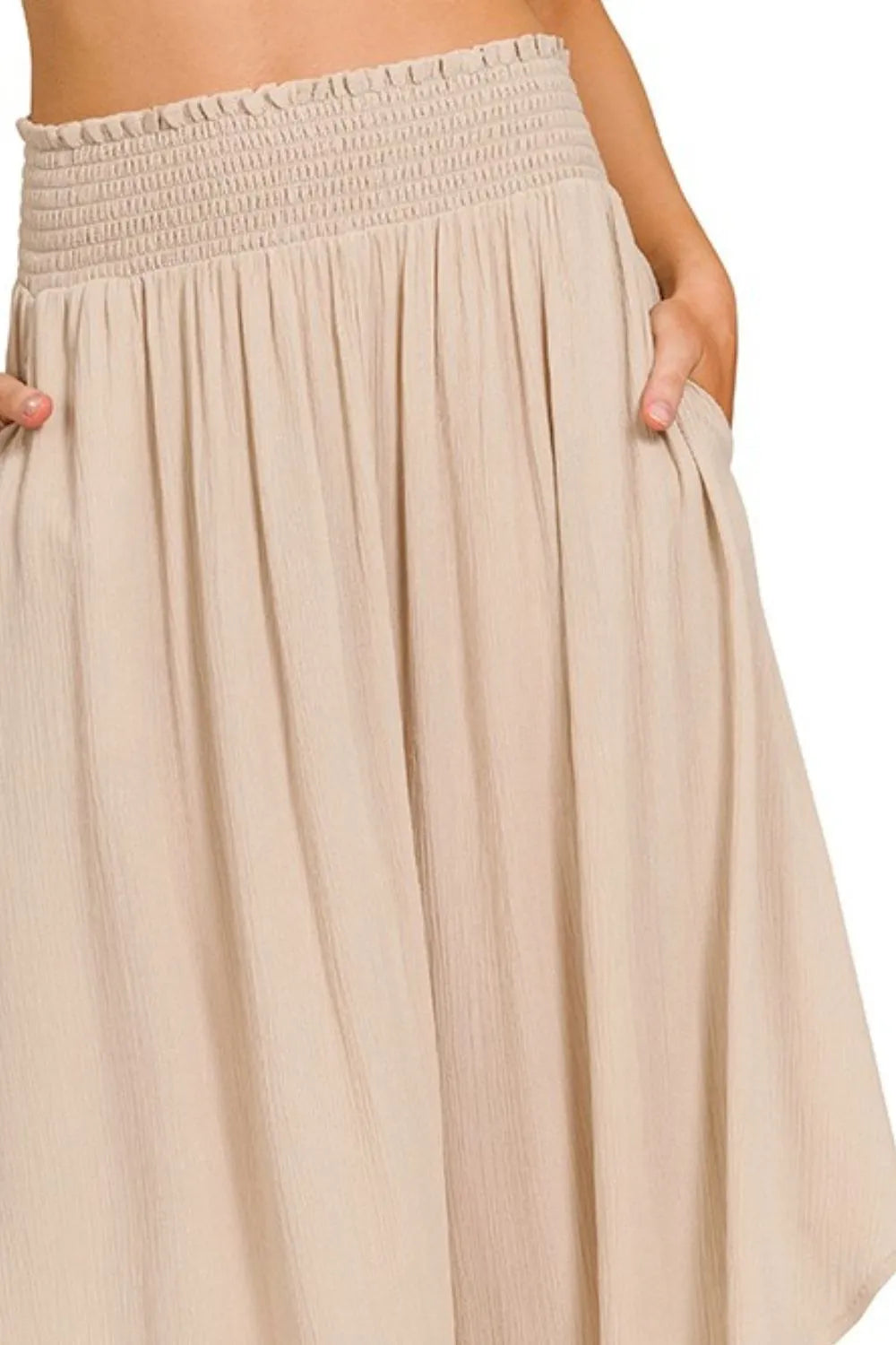 Zenana Sand Beige Woven Crinkle Smocked Waist Maxi Skirt W Pockets