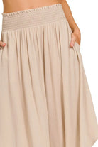 Zenana Sand Beige Woven Crinkle Smocked Waist Maxi Skirt W Pockets