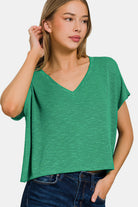 Zenana V-Neck Cropped Short Sleeve T-Shirt Green Trendsi