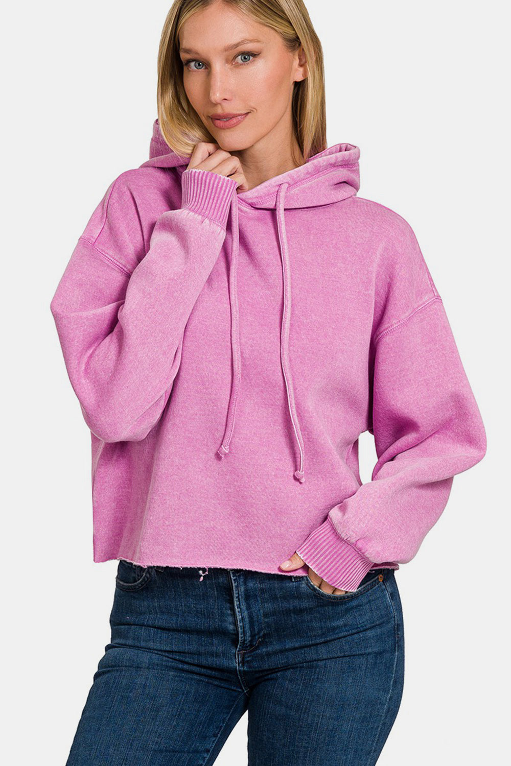 Zenana Mauve Acid Wash Fleece Cropped Hoodie Mauve Shirts & Tops