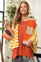 Davi & Dani Yellow & Orange Chunky Knit Openwork Open Front Striped Cardigan YELLOW ORANGE Trendsi