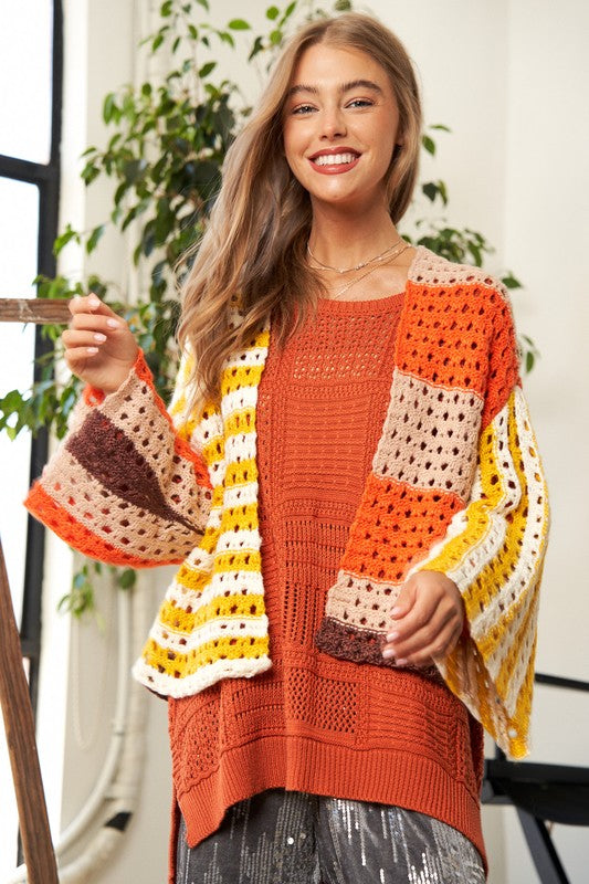 Davi & Dani Yellow & Orange Chunky Knit Openwork Open Front Striped Cardigan YELLOW ORANGE Trendsi