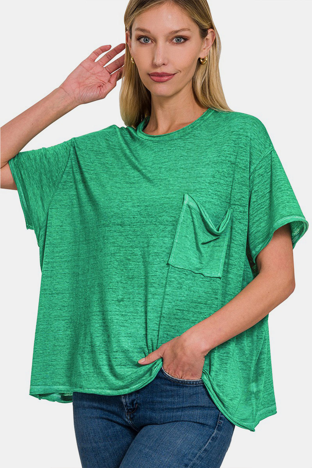 Zenana Green Pocketed Round Neck Dropped Shoulder T-Shirt Green Trendsi