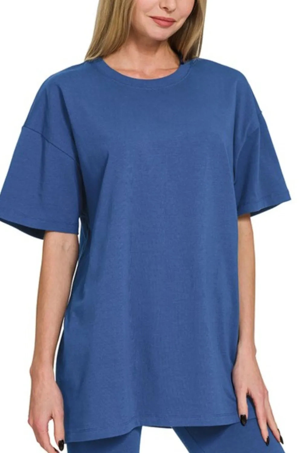 Zenana Light Navy Cotton Round Neck Top & Biker Shorts