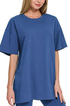 Zenana Light Navy Cotton Round Neck Top & Biker Shorts
