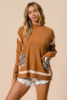 BiBi Camel Mock Neck Sweater with Leopard Pocket