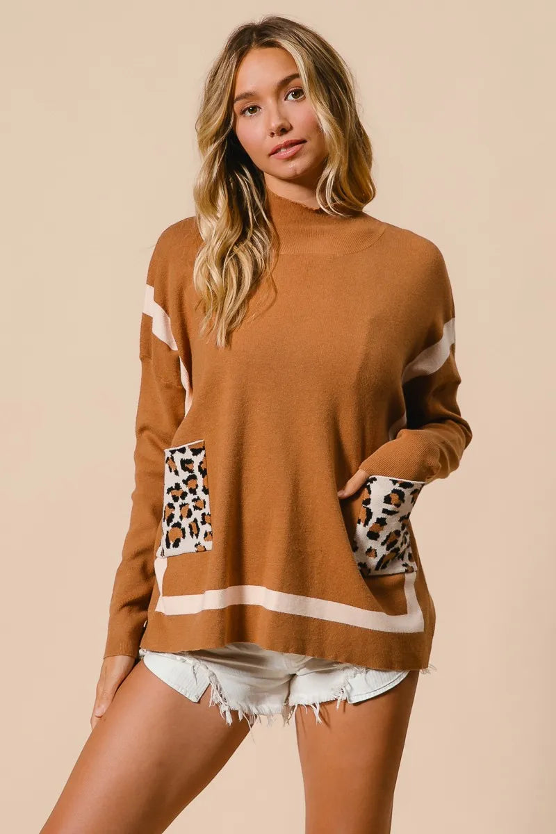 BiBi Camel Mock Neck Sweater with Leopard Pocket
