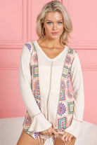 BiBi Cream Granny Square Print Contrast Annie Rib V Neck Top