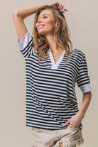 BiBi Black Contrast Striped Notched Knit Top Trendsi