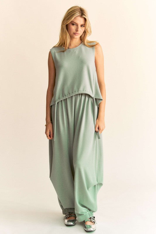 Davi & Dani Light Green Drawstring Hem Round Neck Tank and Pants Set Light Green Loungewear