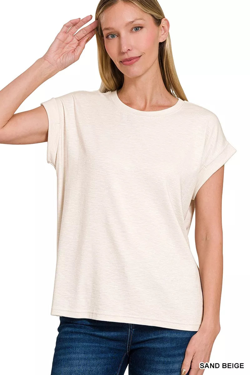 Zenana Full Size Cotton Modal Slub Rolled Sleeve T-Shirt Plus Size SAND BEIGE